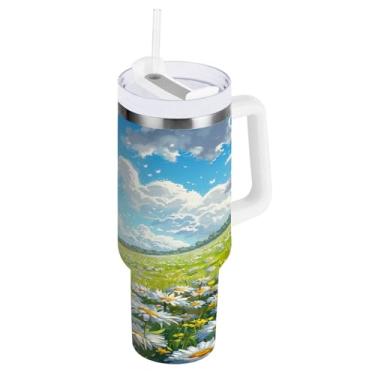Imagem de Blueangle Copo isolado de 1,134 g com alça e tampa de canudo - Caneca de viagem de aço inoxidável à prova de vazamento, garrafa de água de campo de margaridas a vácuo de parede dupla (221)