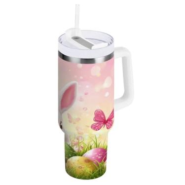 Imagem de ATTX Copo de coelho da Páscoa de 850 g com alça, copo de aço inoxidável a vácuo de parede dupla com palha, caneca de café de viagem isolada #3