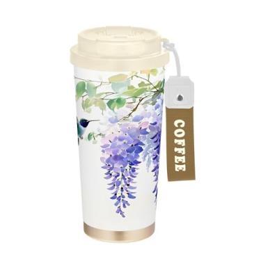 Imagem de SEHANY Caneca de viagem de pássaro colorida de 482 g Copos de café reutilizáveis revestidos de cerâmica com tampa à prova de vazamento, parede dupla, copo de café de aço inoxidável isolado a vácuo