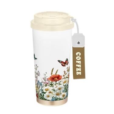 Imagem de SEHANY Caneca de viagem colorida de ervas silvestres de 500 ml Copos de café reutilizáveis revestidos de cerâmica com tampa à prova de vazamento, parede dupla, isolamento a vácuo, copo de café de aço