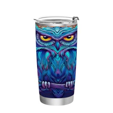 Imagem de Blueangle Copo de 590 ml com tampa e canudo, copo de café com água isolada a vácuo de aço inoxidável, caneca de viagem de coruja neon copo térmico para bebidas quentes e frias (32)