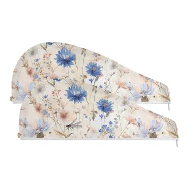 Imagem de SEHANY Toalha de cabelo de microfibra de flores coloridas elegantes para mulheres, 2 peças, turbantes de cabelo de secagem rápida com botão, touca de cabelo seco absorvente toalha de secagem de cabelo