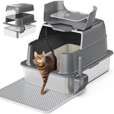 Imagem de Caixa de areia para gatos de aço inoxidável fechada XXL com tampa, 66 cm C x 45 cm L x 40 cm A caixa de areia de metal com flip top de 180 ° para gatos grandes e vários gatos, nunca absorve odores