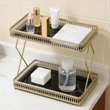 Imagem de Luqeeg Prateleira de armazenamento de bancada de banheiro, organizador de bancada de vidro de ferro para economia de espaço, bandejas de pia perfume para cosméticos 29 x 18,5 x 27 cm (preto com