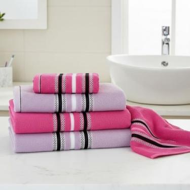 Imagem de Jogo de Toalha de Banho Conjunto de 4 PeçAs AlgodãO DuráVel e de Secagem RáPida Adequado para Uso Familiar(2 Banho/2 Rosto Lilás-Pink)