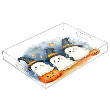 Imagem de xigua Bandeja de servir de acrílico fantasma de Halloween com alças à prova de derramamento, bandejas decorativas de festa de Halloween, bandeja organizadora de bancada para banheiro, cozinha, 30,5 x