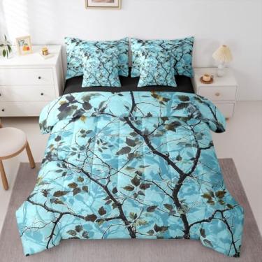 Imagem de Conjunto de cama solteiro com 7 peças de camuflagem azul claro, cama rústica chalé em uma bolsa, galhos da floresta com folhas, conjunto de edredom, conjunto de lençol, fronhas e fronhas, decoração de