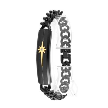 Imagem de Pulseira masculina de elos cubanos de aço inoxidável, estrela dourada com design de zircônia, 22 cm, preta e prata, One Size, Aço inoxidável, Sem Pedra Preciosa