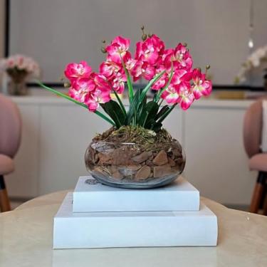 Imagem de Arranjo de Orquídea Artificial em Vaso de Vidro Decorativo para Sala, Lavabo e Escritório(Rosa Pink)