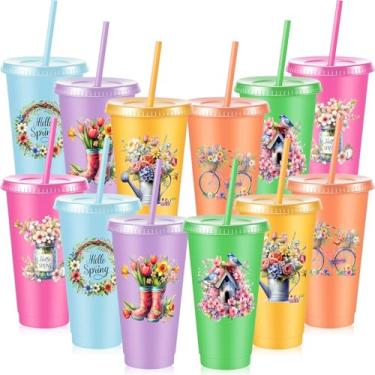 Imagem de Chuangdi 12 peças de copos de mola de 680 g Hello Spring copos reutilizáveis de plástico com tampas e canudinhos temáticos copos para chá de bebê decoração de chá de aniversário lembrancinhas de festa