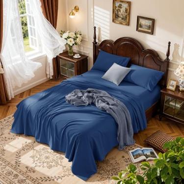 Imagem de LBRO2M Jogo de lençol 100% algodão com bolso profundo 48,3 cm, 1000 fios, tamanho casal, 4 peças, roupa de cama macia e confortável para todas as estações (casal, azul marinho)