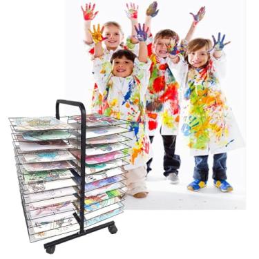 Imagem de Estante de secagem Mobile Art – Armazenamento frente e verso com 50 prateleiras, prateleira de secagem de arame sobre rodas, design dobrável para artistas, organizador de suprimentos de arte que