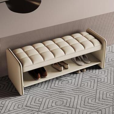 Imagem de Banco de entrada acolchoado com armazenamento de sapatos de madeira, banco aconchegante para sala de estar, quarto, corredor e apartamento - bege, 80 x 40 x 43 cm, elegante suporte organizador de