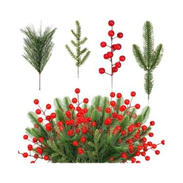 Imagem de Galho Artificial De Pinheiro Com Frutas Vermelhas E Folhagem Verde Par