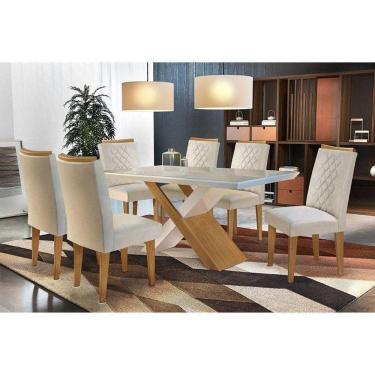 Imagem de Kit Mesa Tampo Vidro Canto Reto 180cm + 6 Cadeiras Imbuia Creme
