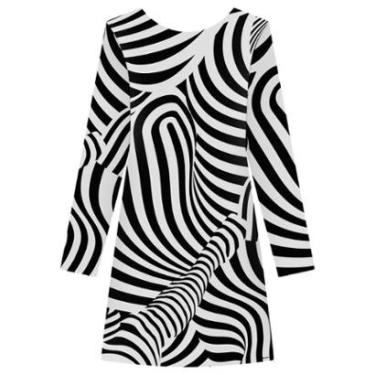Imagem de Vestido Curto Estampado De Mangas Longas Em Malha Canelada-Feminino