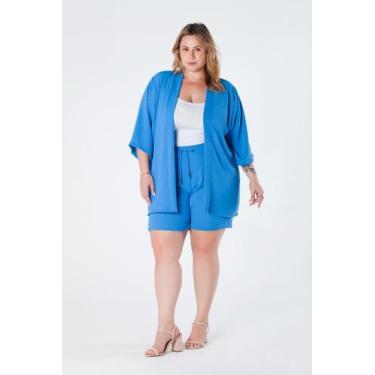 Imagem de Kimono Plus Size Barra Reta Manga 3/4 Crepe Azul Aline - Oria, G3