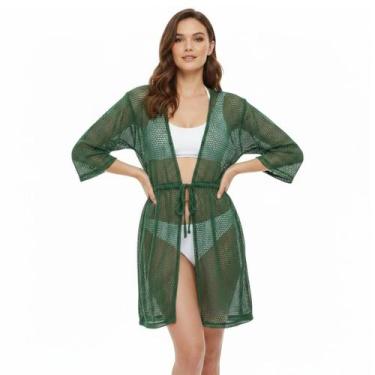 Imagem de Saída De Praia/ Kimono Em Renda De Arrastão Moda Verão - Corpo Dourado