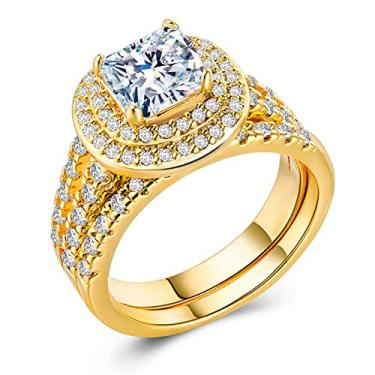 Imagem de 2 anéis modernos para casais, banhados a ouro 18 K, dois em um, anéis de noivado, eternidade, aniversário, alianças empilháveis, anel de noivado CZ auréola de zircônia cúbica (9)
