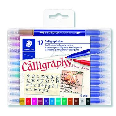 Imagem de STAEDTLER Marcadores de caligrafia de duas pontas, dupla de calígrafo, para desenhos de letras estreitas e amplas, tinta pigmentada, 12 cores sortidas, 3002TB12LU