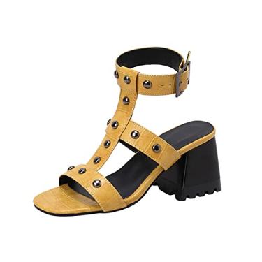 Imagem de Sandália feminina fashion couro pele de cobra bico aberto oco metal decorativo salto alto grosso fivela sapatos femininos tamanho 9 (amarelo, 8)