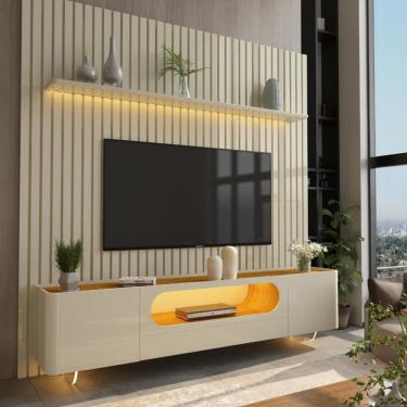 Imagem de Rack com Painel para TV de Até 85 Polegadas 2 Portas 1 Gaveta LED Com Pés de Vidro Nobre Gelius - Off White/Off White/Naturale