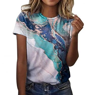 Imagem de Camiseta feminina estampada floral com gola O e estampa estética gráfica Pintura Blusa Esporte Casual Túnica Praia Tops de verão Camisola feminina feminina Cores Coloridas L12-Verde Small