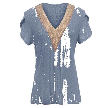 Imagem de Camiseta feminina verão manga curta pétala oca gola v túnica folgada estampa patchwork blusa camiseta gráfica Estampado Havaí poliéster feminina Blusa Tie dye B96-Azul X-Large