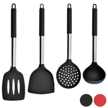 Imagem de Pacote com 4 espátulas de silicone, espátula sólida, espátula de peixe com fenda, concha de sopa, colher com fenda para panelas antiaderentes, cabo de aço inoxidável resistente ao calor e silicone,