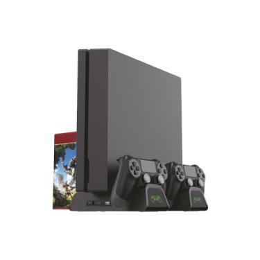 Imagem de Base para Console PS4 com carregador BC-PS4 C3Tech, organizador de cartuchos de jogos, 3 cooler fans pequenos, 2 docas para recarregar controles, Espaço para 12 cartuchos