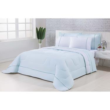 Imagem de Kit Edredom 100% Algodão Percal 150 Fios Dupla Face Casal + Jogo De Cama Gran Moratta 7 Peças - Verde/Branco