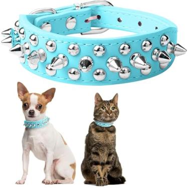 Imagem de Pimaodog Coleira para cachorro cravejada, coleira ajustável de couro macio para cães pequenos e médios Bulldog Pitbull Mastim Poodle Boxer (PP, azul-claro) 2)