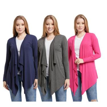 Imagem de Kit 03 cardigans feminino kimono com bico manga longa - Wooks, M, Azul