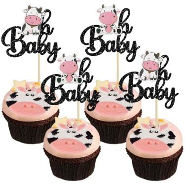 Imagem de Gyufise 24Pcs Cow Oh Baby Cupcake Toppers Glitter Oh Baby Cow Babyshower Cupcake Picks Decorations Gender Reveal Theme Baby Shower Kids Boys Girls Birthday Party Cake Decorations Supplies