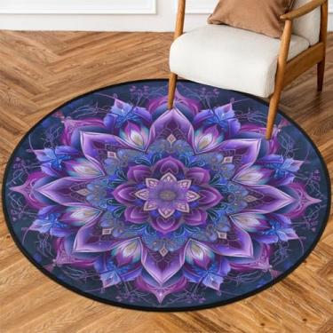 Imagem de Tapete redondo de 86 cm para área interna, linda mandala, azul, flores, redondo, antiderrapante, lavável, fácil de limpar, tapetes macios para casa de fazenda, sala de estar, quarto, berçário, sala de