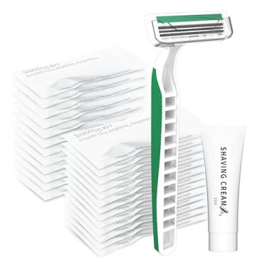 Imagem de Kit de barbear com 50 unidades em massa com cabeça giratória, lâminas triplas com tampa protetora, 15 g, saco de papel embrulhado individualmente para hotel, Airbnb, sem-teto, abrigo, acampamento,