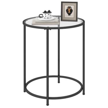 Imagem de Livofloral Mesa lateral redonda, mesa de centro de estilo moderno, mesa de sofá, mesa com prateleiras de metal e tampo de vidro, mesa de canto para sala de estar, quarto, varanda, pátio, (A) 64 cm ×
