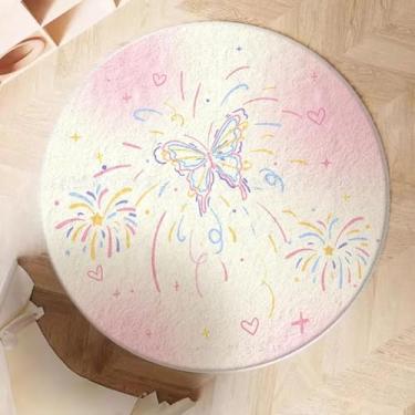Imagem de CDHZYQ Tapete de borboleta rosa redondo em forma de banheiro colorido fogos de artifício tapete de banho tapetes laváveis tapete de área tapete de corredor decoração de quarto tapete de banho (99 cm)