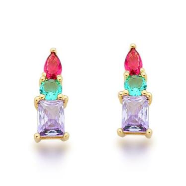 Imagem de Brinco com Zirconias Coloridas Banhadas a Ouro 18k - Atraktiva Jóias