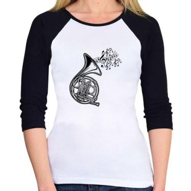 Imagem de Baby Look Raglan Trompa Notas Musicais Manga 3/4 - Foca na Moda, Branc