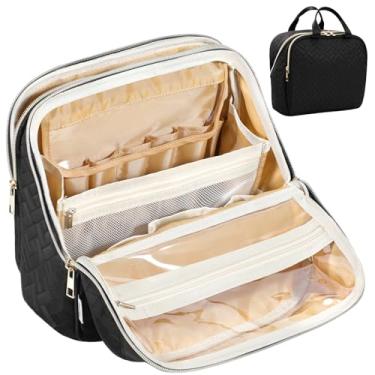 Imagem de JOYYTUU Bolsa de maquiagem, grande capacidade com espaço para pincéis e espelho, organizador de maquiagem de viagem, estojo de maquiagem portátil, bolsas de higiene cosmética à prova d'água com alça,