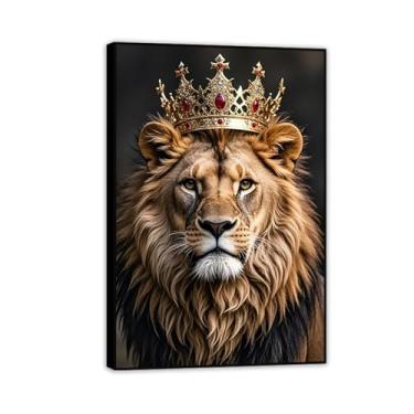 Imagem de Arte de parede em tela de leão, rei, leão e leoa, quadro de coroa de rei e rainha para quarto, sala de estar, escritório, 45 x 30 cm (18 x 12 pol), moldura preta