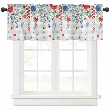 Imagem de Cortina sanefa Dia da Independência para janelas, flores vermelhas e azuis cinza buffalo, xadrez, bolso para varão, tratamentos de janela, cortinas curtas para cozinha, banheiro, sala de estar, 137 x