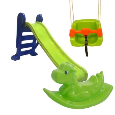 Imagem de Escorregador Médio 3 Degraus Infantil Verde + BalançoVerde Kids Seguro + Dinossauro gangorra premium-Combo Verde p/Meninos e Meninas