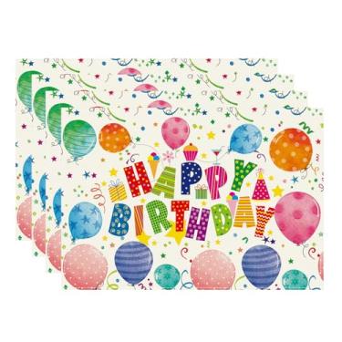 Imagem de XCHI Jogo americano Happy Birthday Balões coloridos estrelas confete conjunto de 4 tapetes de mesa decorações de mesa 30 x 45 cm