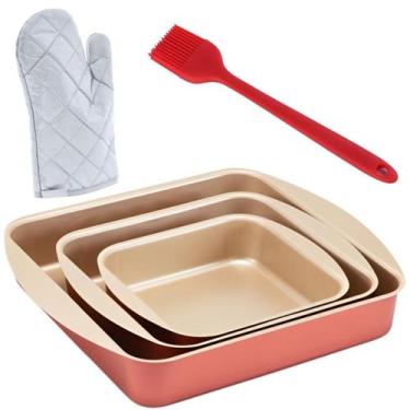 Imagem de Jogo Forma Quadrada 03 Peças Antiaderentes + Luva + Pincel - Marcolar