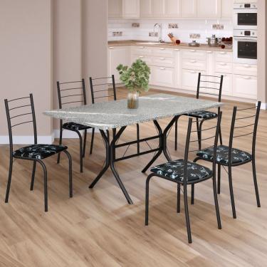 Imagem de Conjunto Sala De Jantar Mesa Retangular 140x75cm Tampo Granito Topázio 6 Cadeiras Rio Preto Floral - Preto Fosco