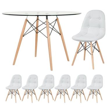 Imagem de Mesa Eames Com Tampo De Vidro 120 Cm + 6 Cadeiras Estofadas Eiffel Botonê Cinza Claro Cinza-claro
