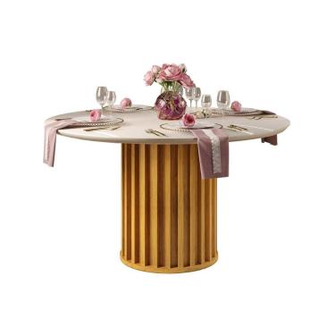 Imagem de Mesa Para Cozinha Viena Com Tampo Madeirado Com Vidro 136cm Cedro Off White Dj Móveis