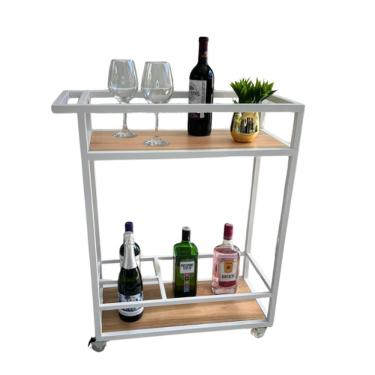 Imagem de Carrinho Para Bebidas Estilo Industrial Branco Com Prateleiras Em Eucalipto